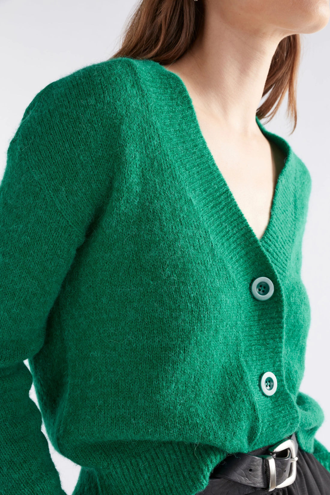 Closer look of Daaru Cardigan in Milan Green