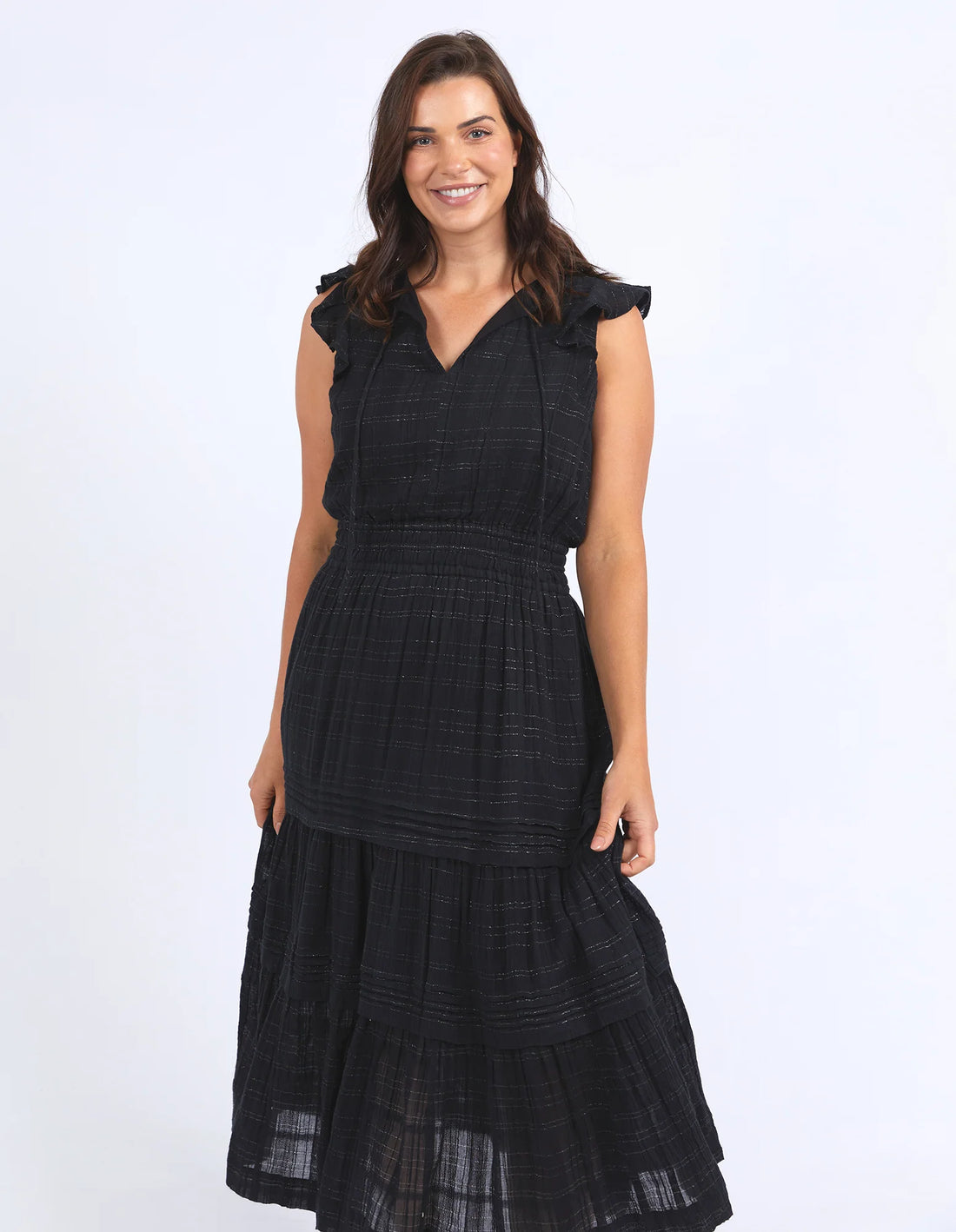 Woman wearing elm lifestyle isabella dress in black