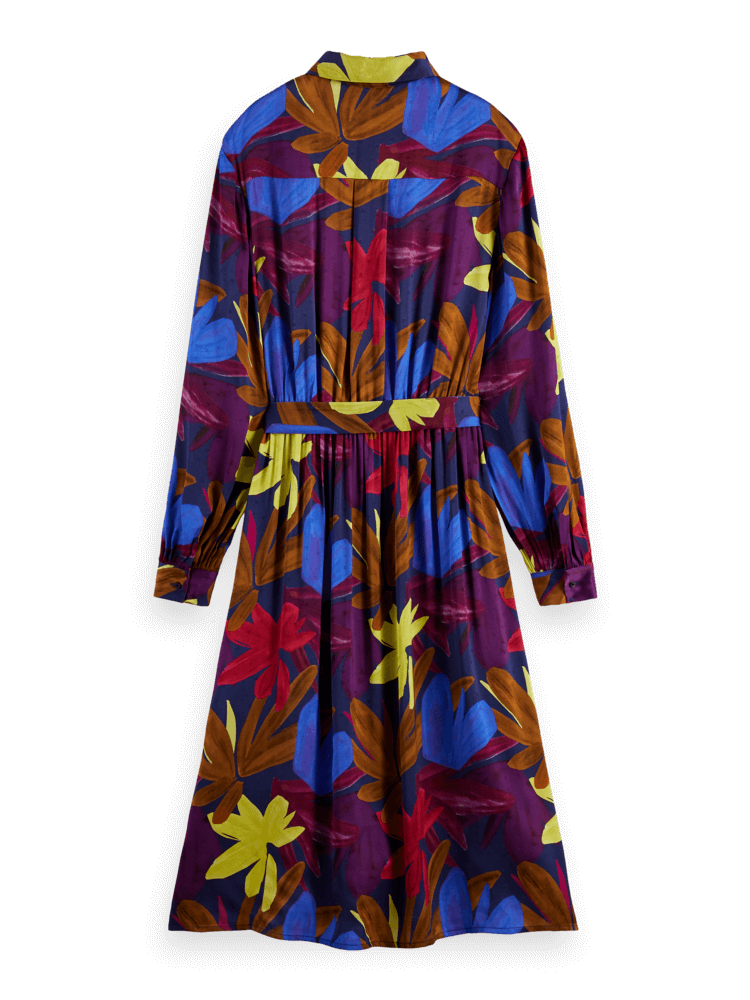 Relaxed Fit Printed Midi Jacquard Shirt Dress- Flower