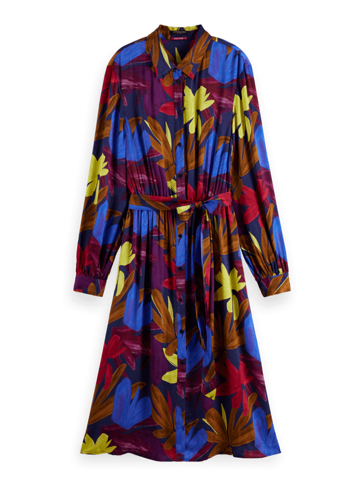 Relaxed Fit Printed Midi Jacquard Shirt Dress- Flower