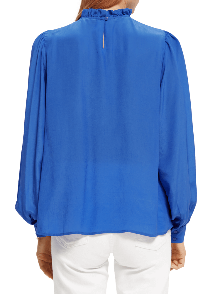 Long-Sleeved Pintuck Blouse with Ruffle Collar - Bright Blue