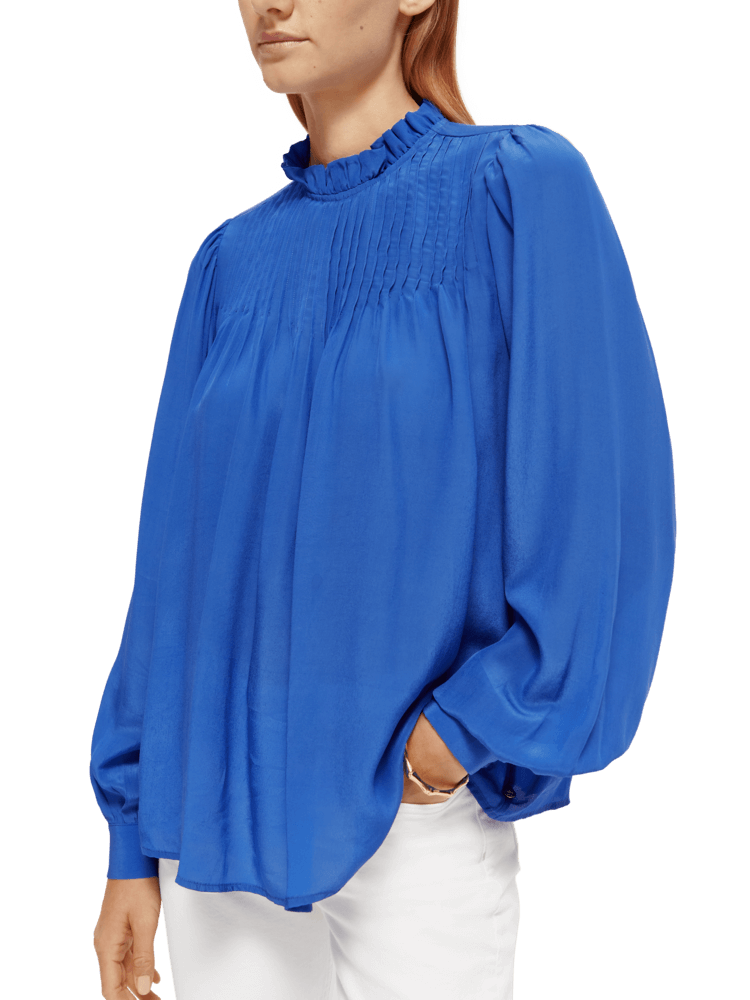 Long-Sleeved Pintuck Blouse with Ruffle Collar - Bright Blue