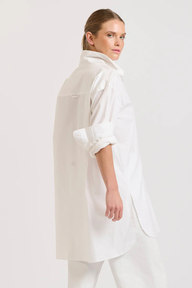 woman wearing the shirty the boyfriend oversized shirt in white
