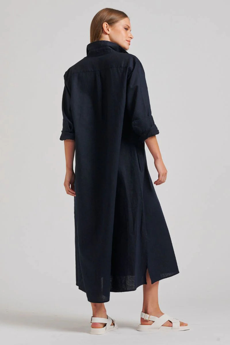 back details of the shirty the luna oversized linen long shirtdress french navy