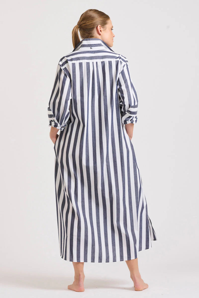 back details of the shirty the pippa oversized longline dress in navy stripe