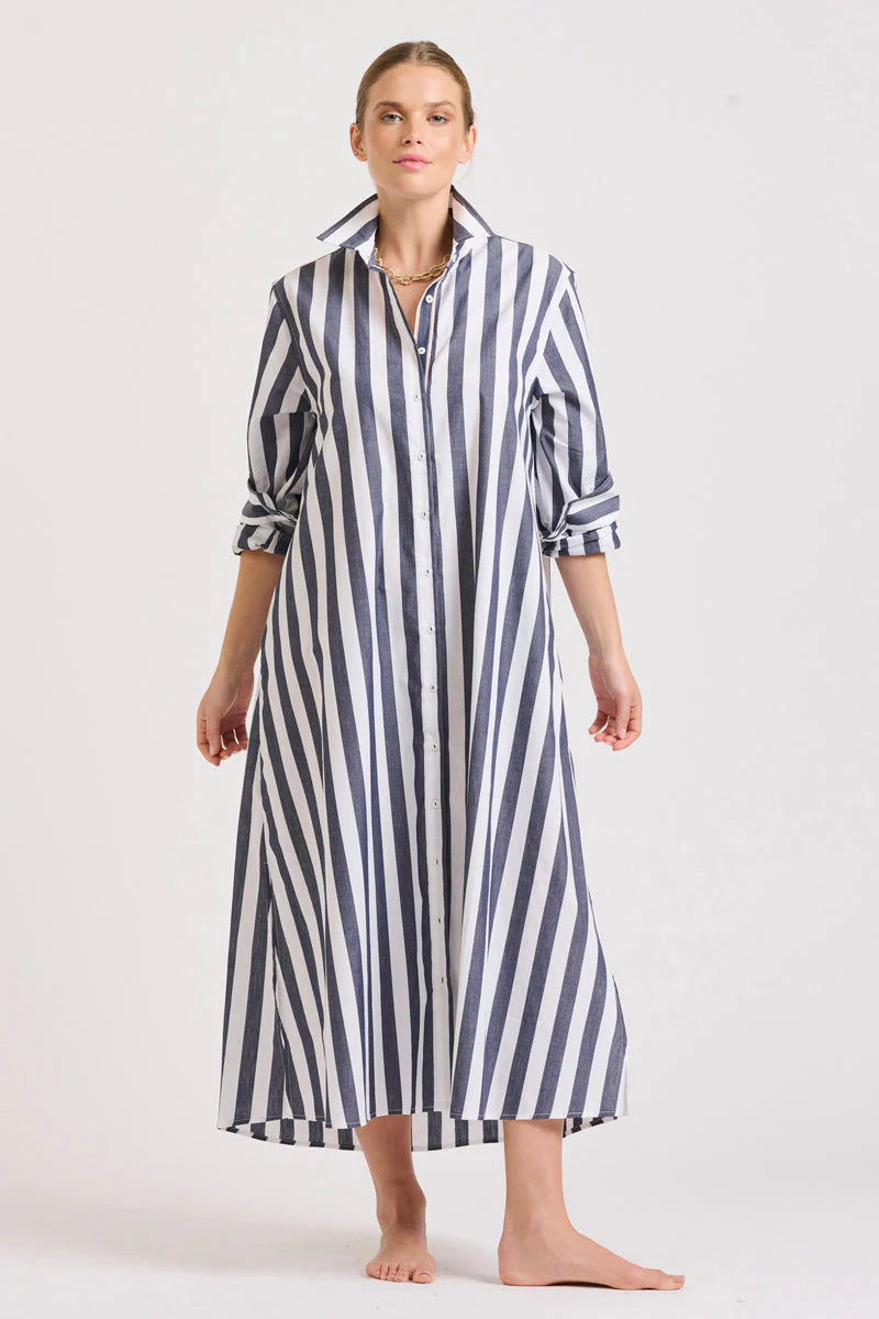 Woman wearing shirty the pippa oversized longline dress in navy stripe
