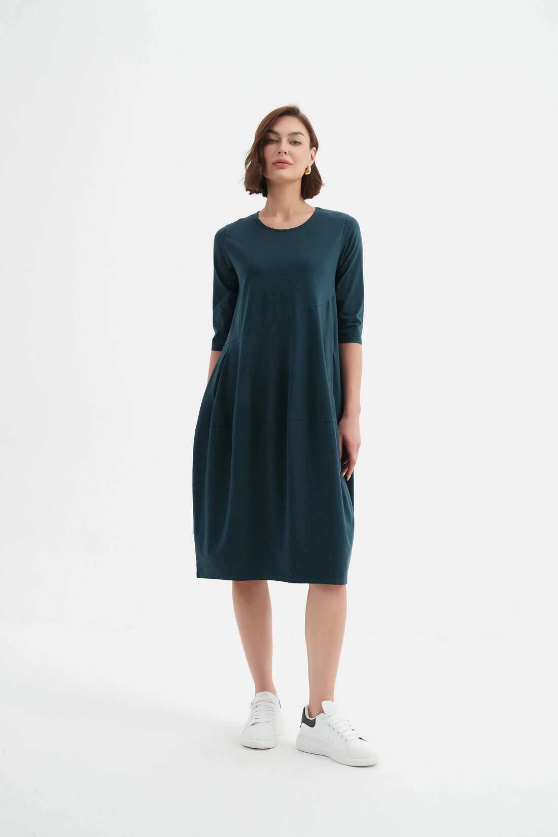 woman wearing Diagonal Seam Winter Dress - Deep Ocean