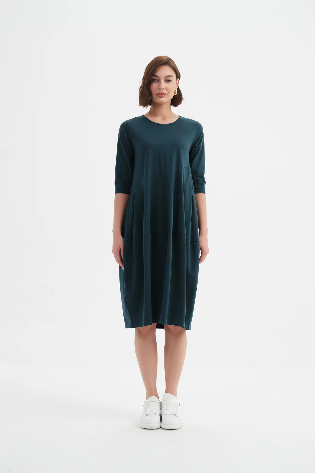 woman wearing Diagonal Seam Winter Dress - Deep Ocean