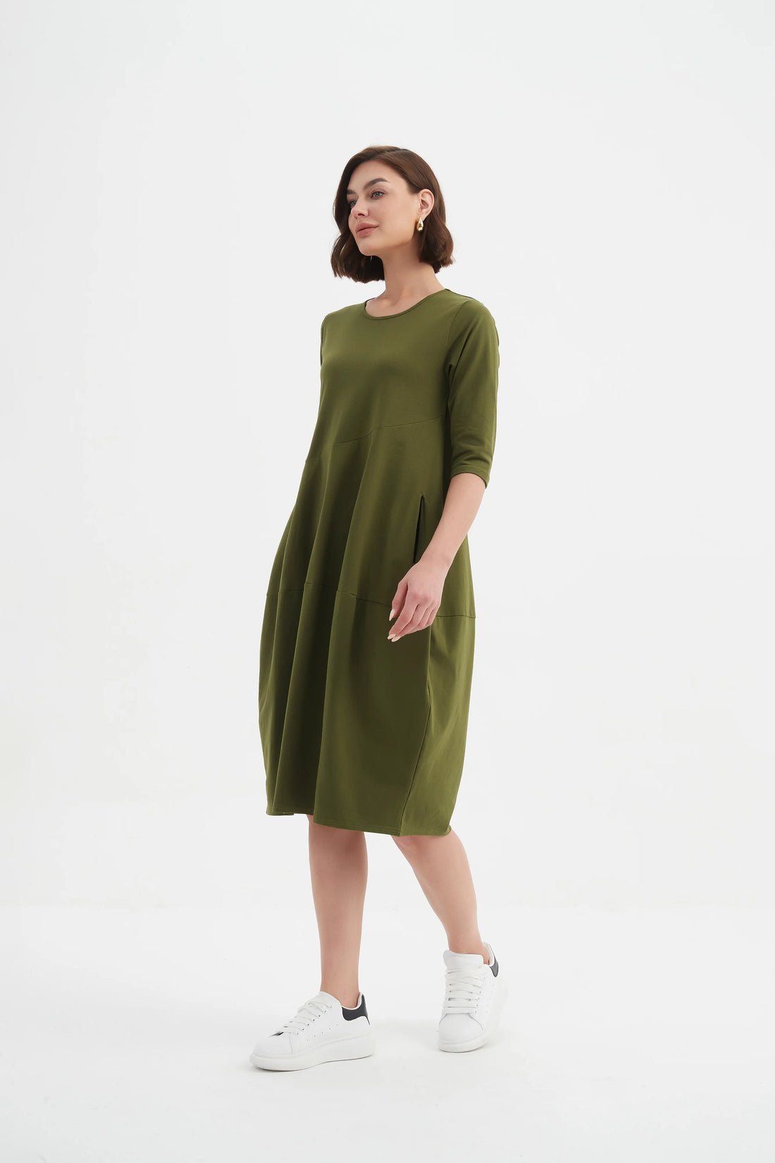 Woman wearing Diagonal Seam Winter Dress - Khaki