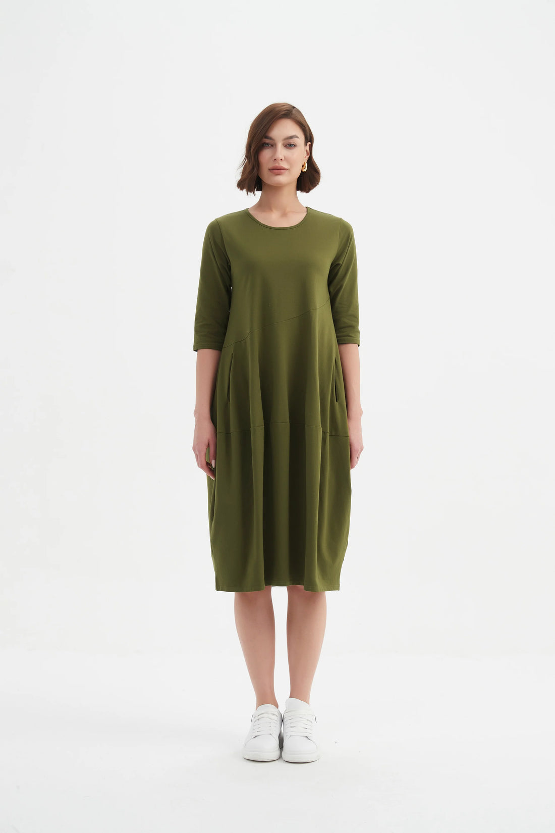 Woman wearing Diagonal Seam Winter Dress - Khaki