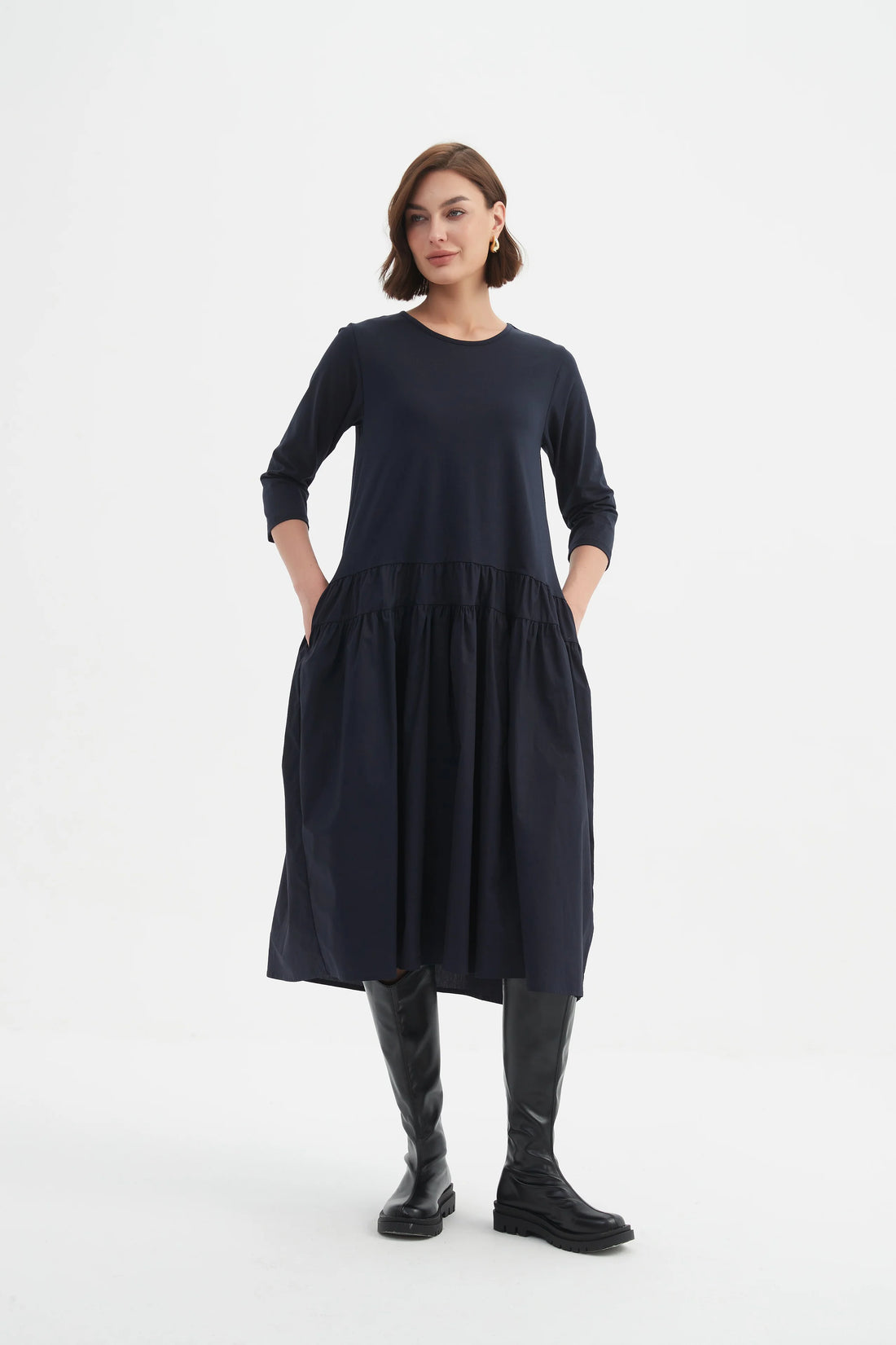 Woman wearing Drop Waist Combi Dress - Navy