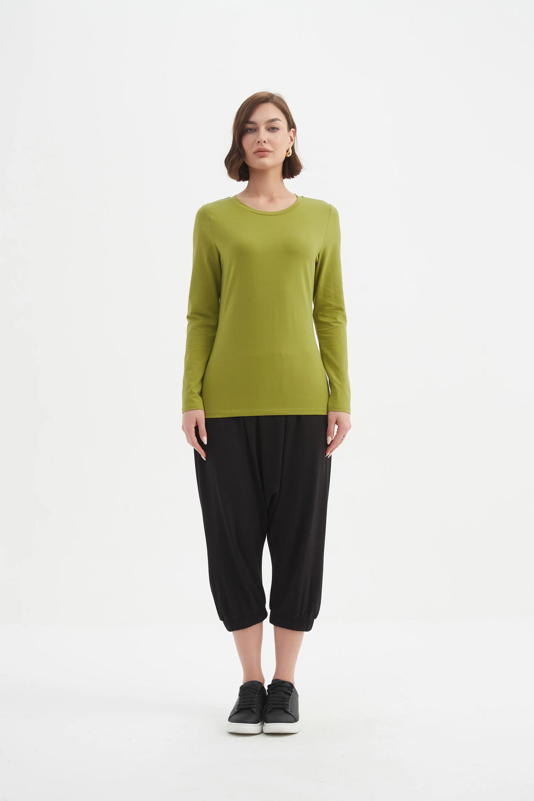 Woman wearing Long Sleeve Tshirt - Chartreuse and black pants