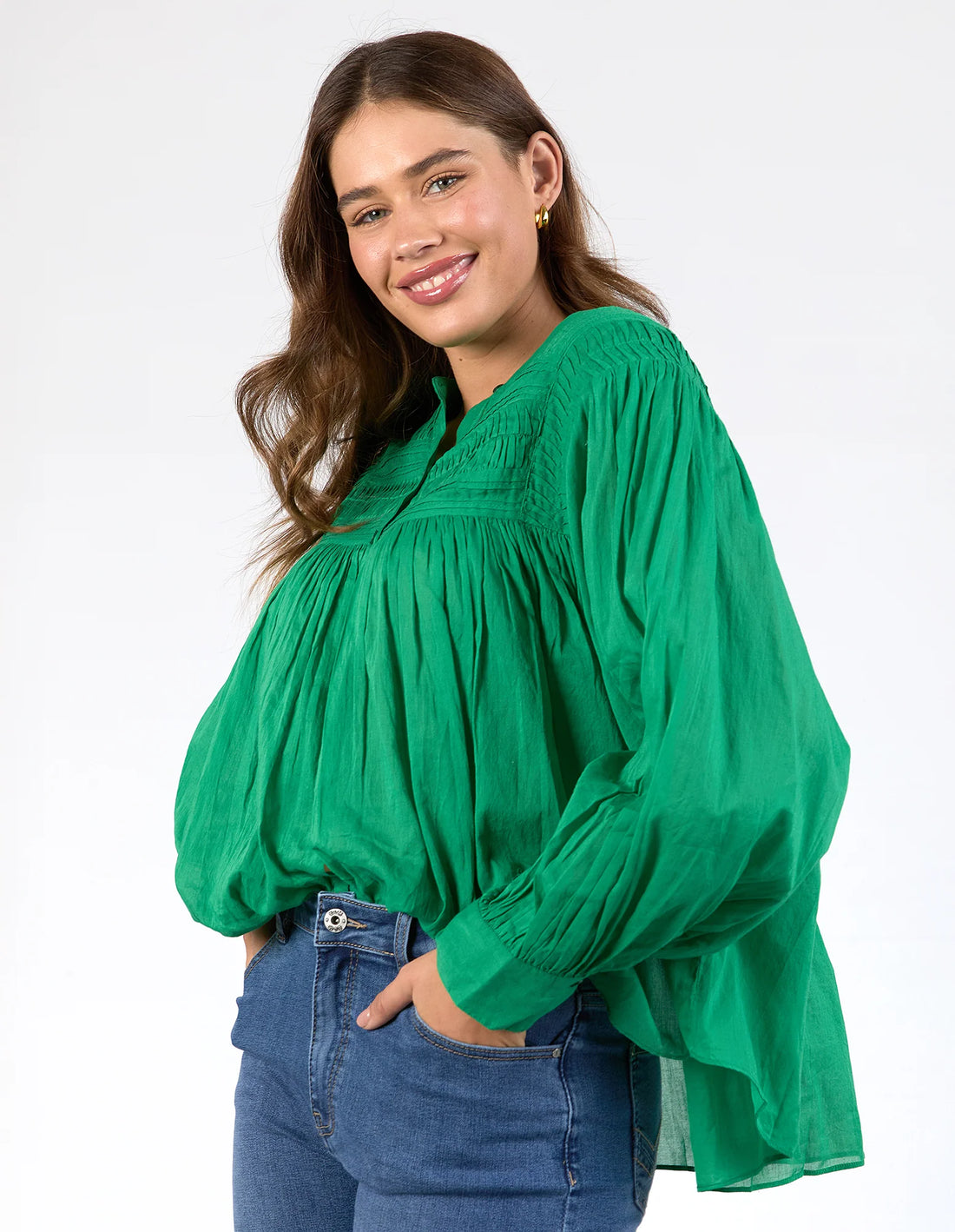 woman wearing Montana Blouse - Pine Green 