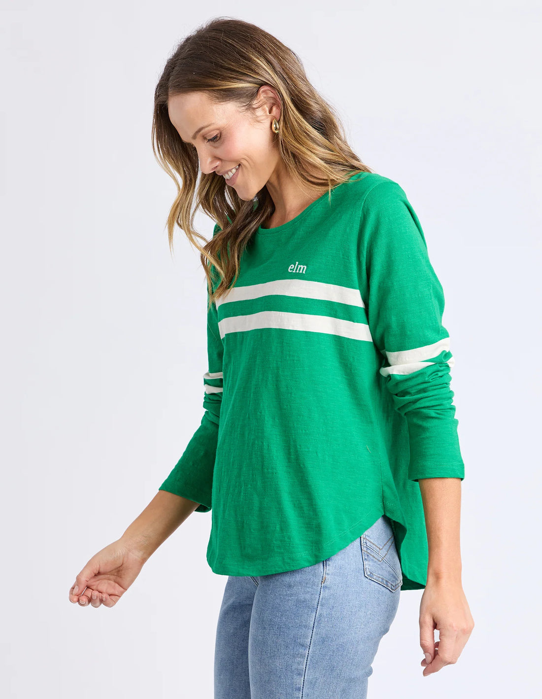 woman wearing Adora Long Sleeve Tee - Pine Green side view