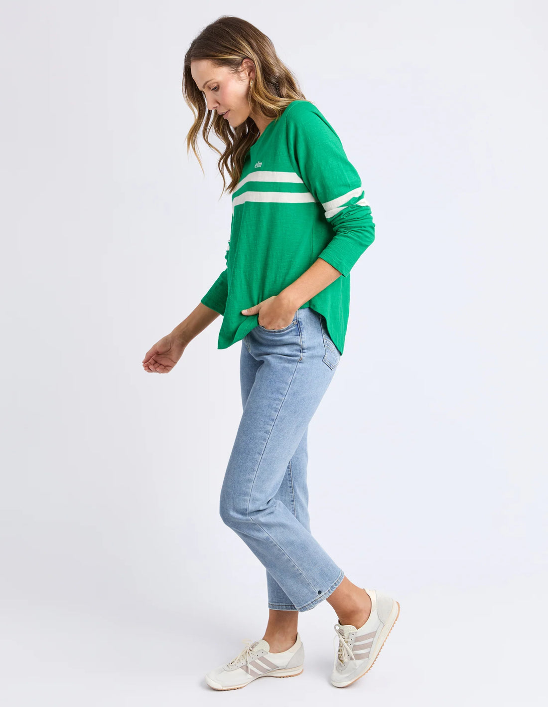 woman wearing Adora Long Sleeve Tee - Pine Green side view