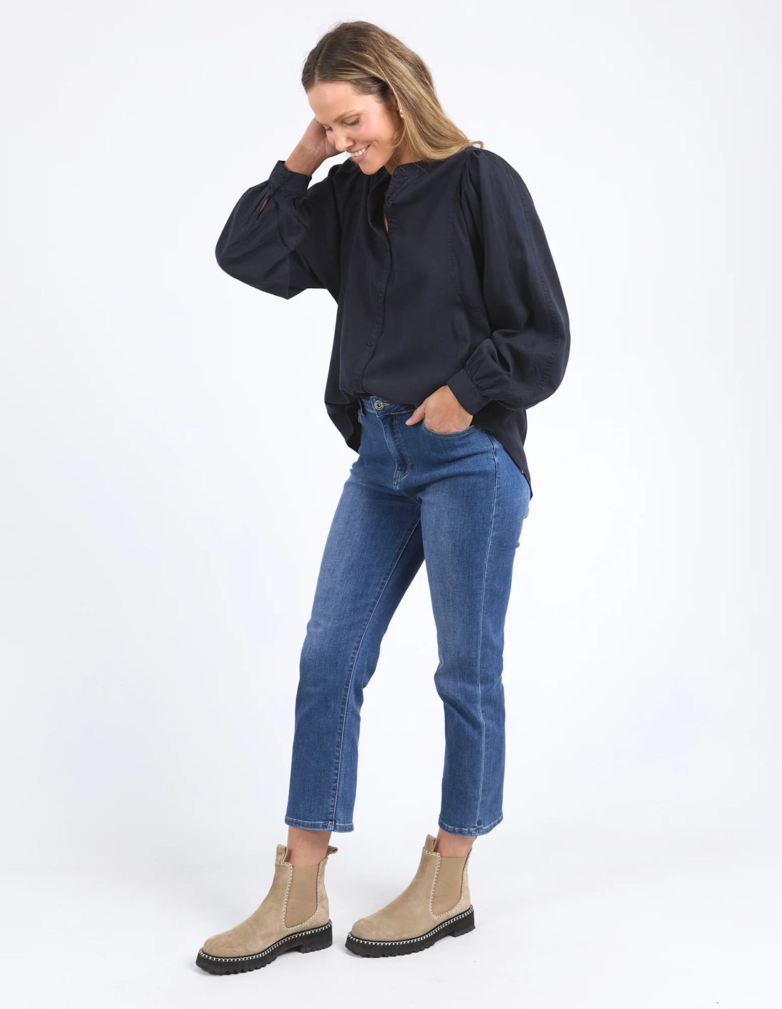 woman wearing Bailey Shirt Navy and denim pants