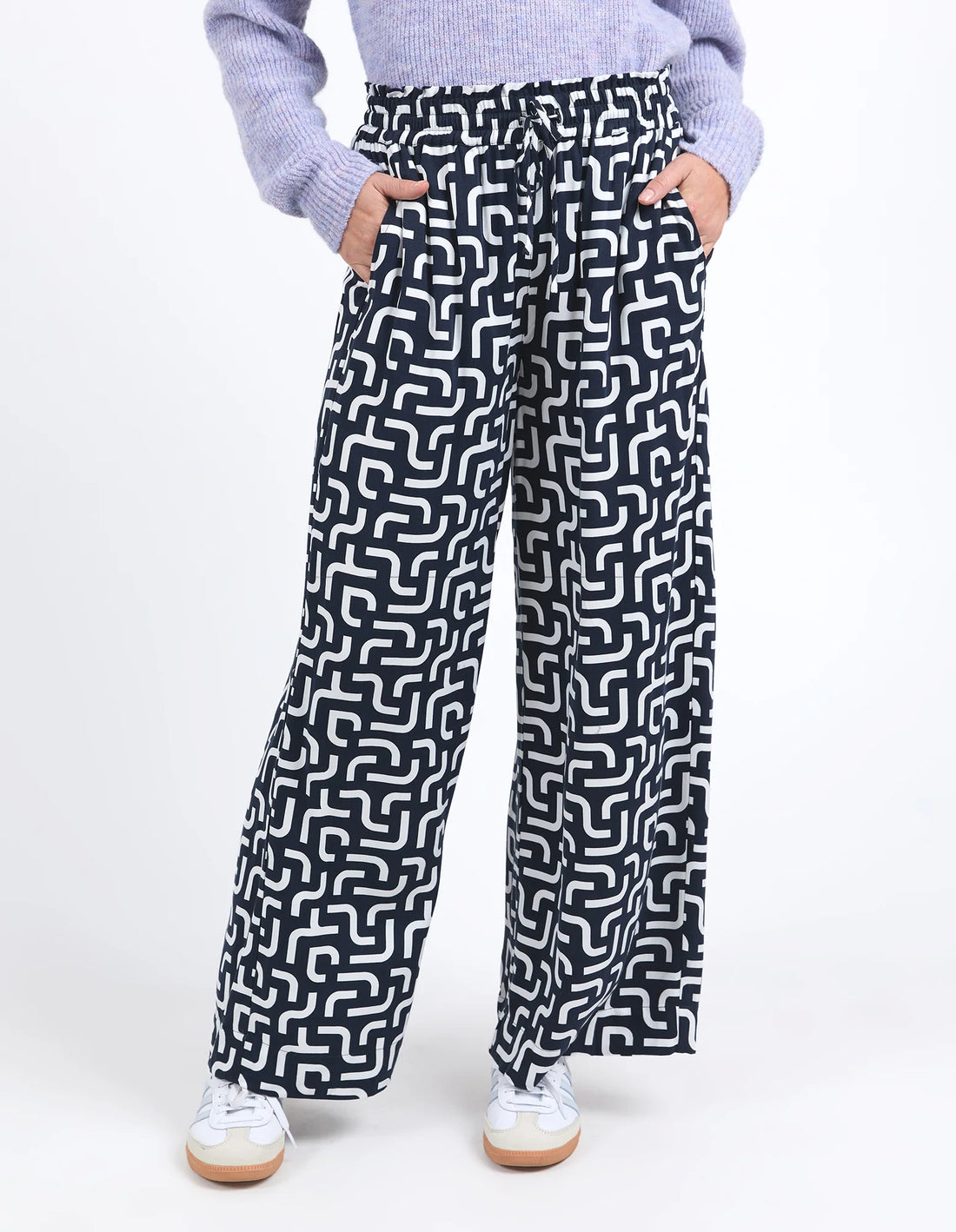 Woman wearing purple long sleeve top and Gemma Geo Pant - Navy