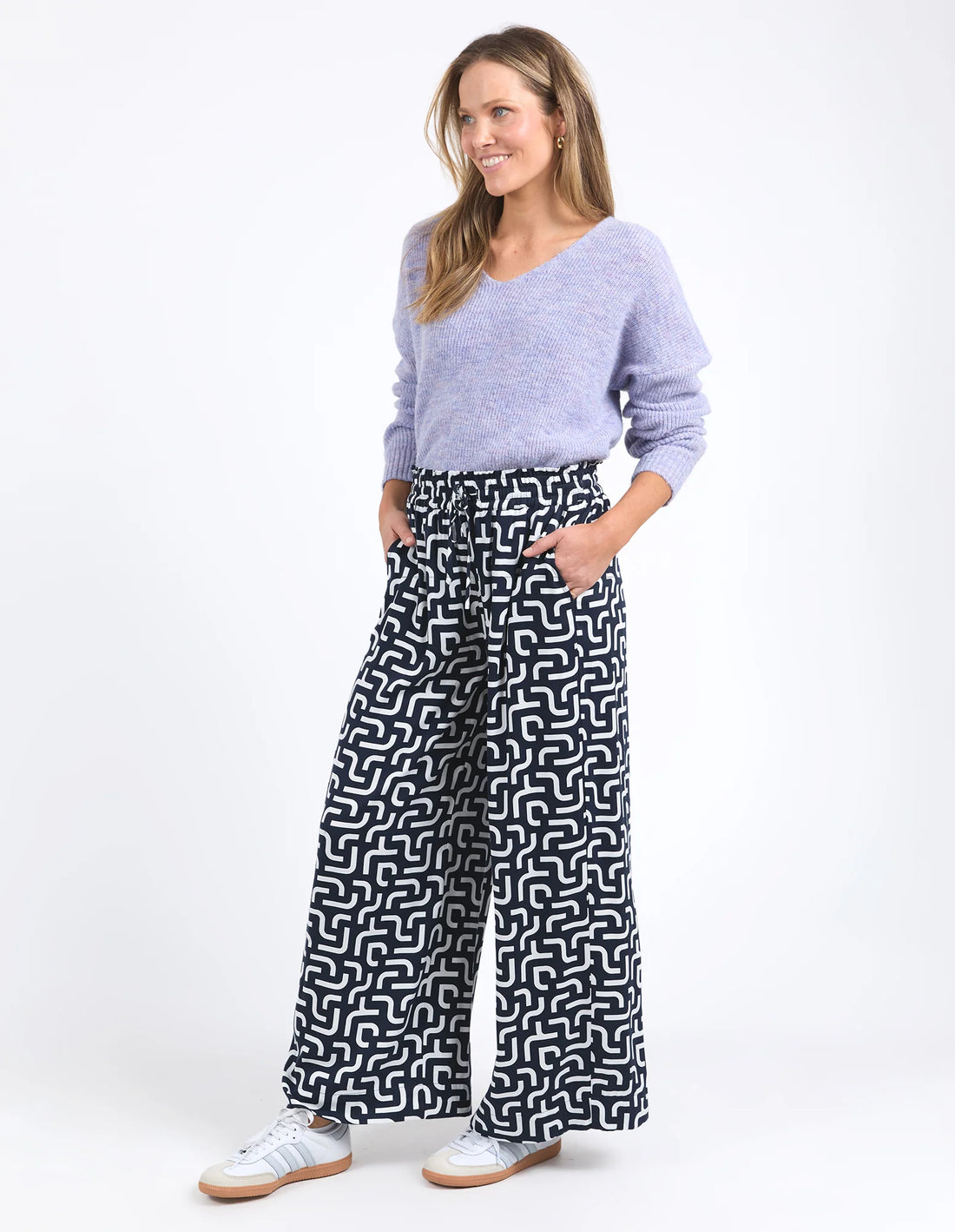 woman wearing long sleeve top and Gemma Geo Pant - Navy