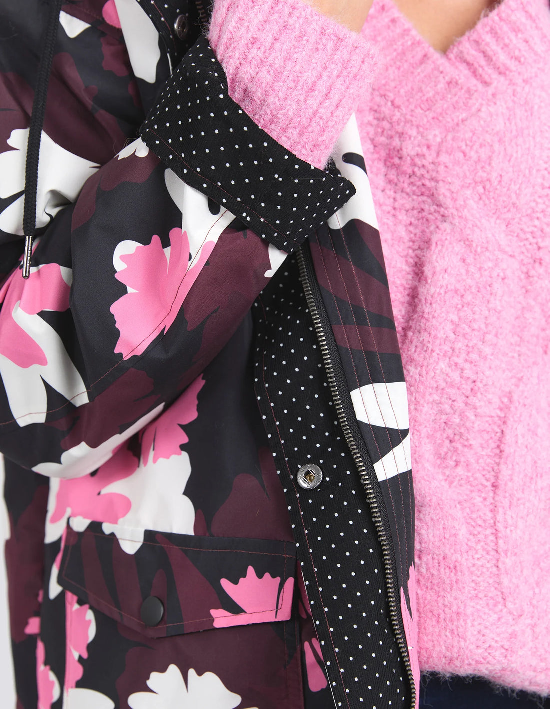 closer look to Hadley Floral Raincoat sleeve and front details