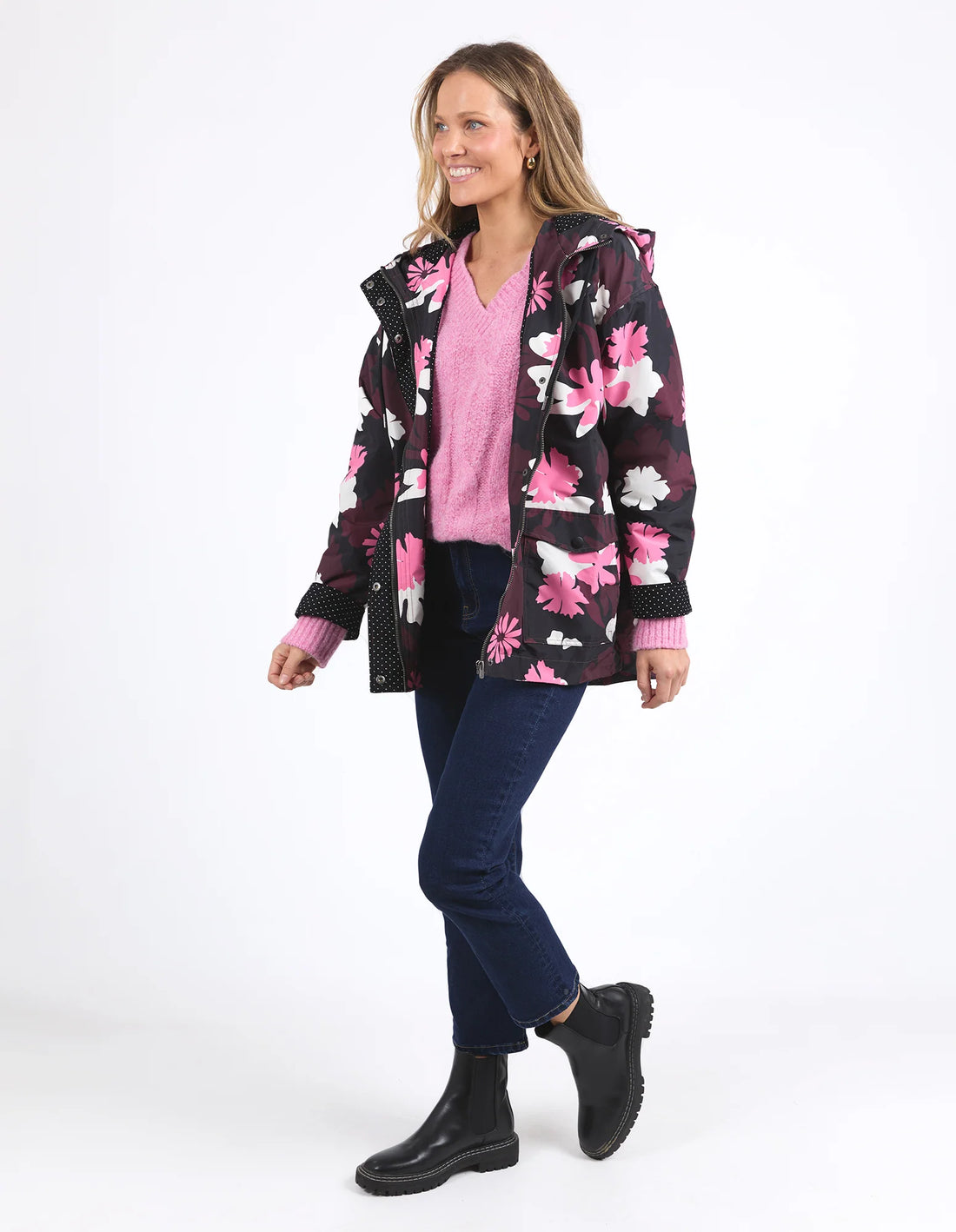 woman wearing Hadley Floral Raincoat and denim pants