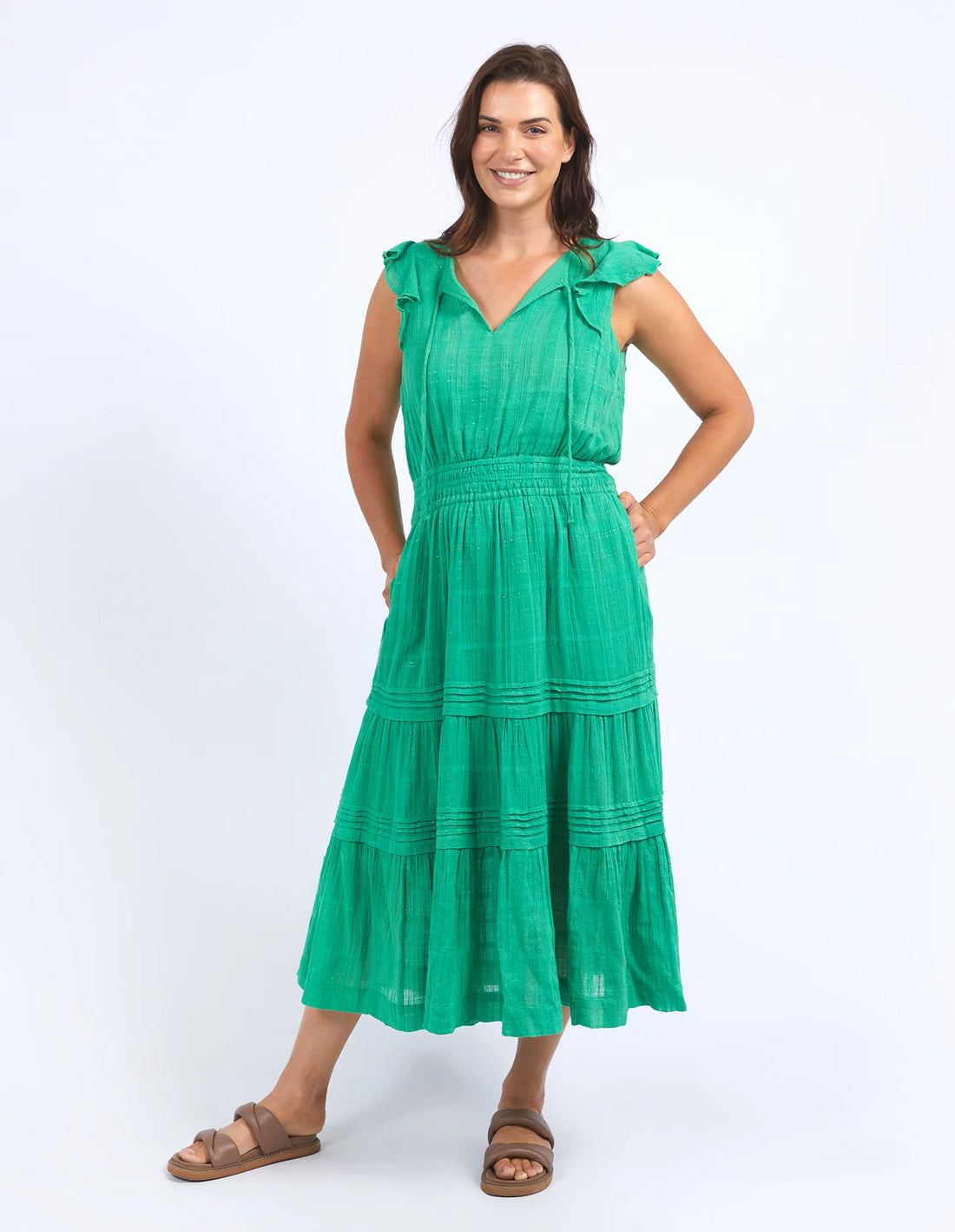 woman wearing elm lifestyle isabella dress  greenbriar