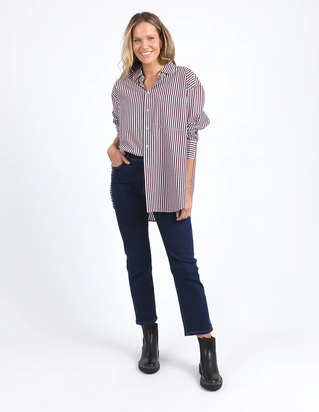 woman wearing Lila Stripe Shirt - Merlot White Stripe and denim pants