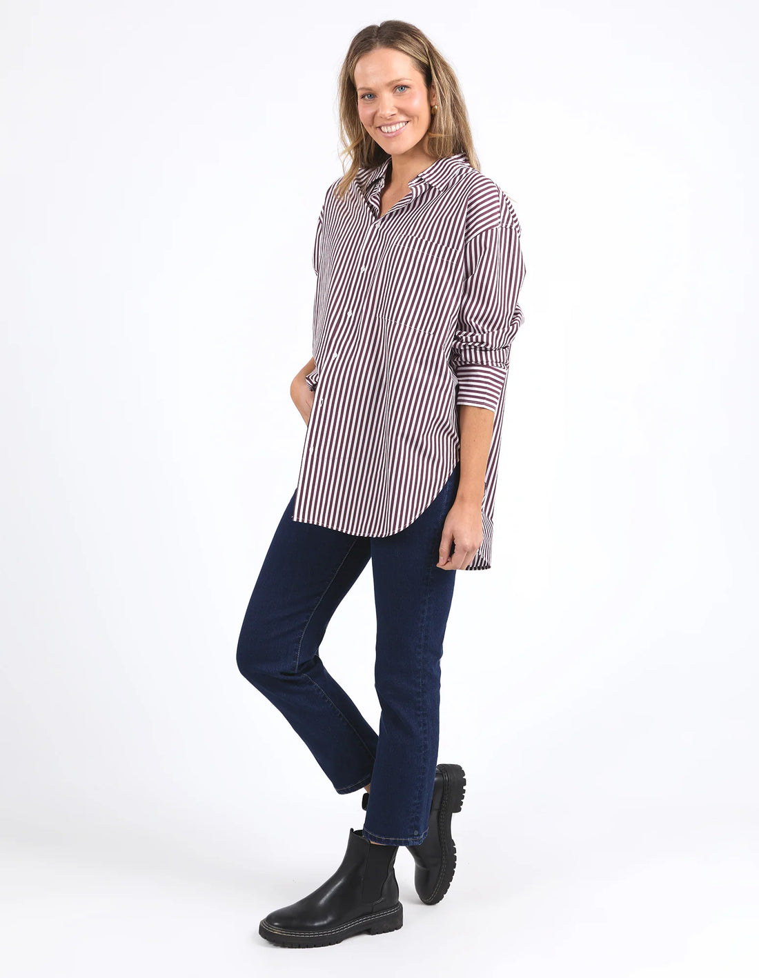 woman wearing Lila Stripe Shirt - Merlot White Stripe and denim pants