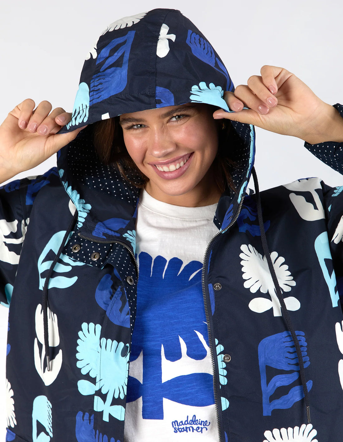woman wearing white tee, Madeline Stamer Raincoat - Navy