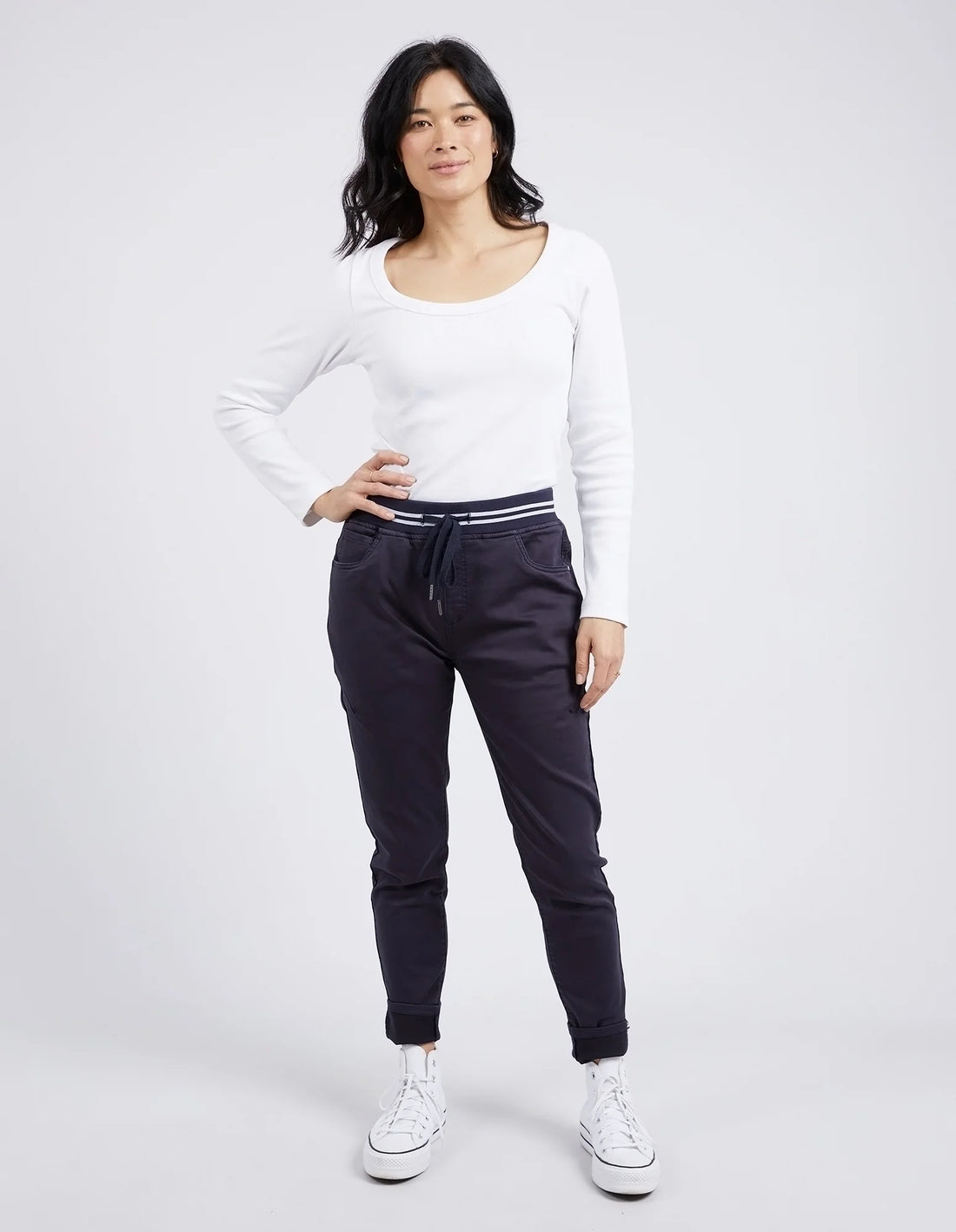 woman wearing white long sleeve top and Margo Jogger - Navy
