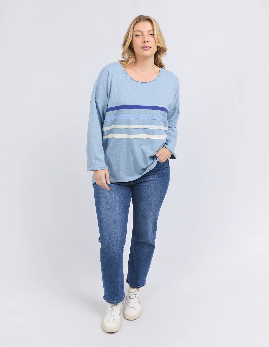 woman wearing Outlook Sweat - Steel Blue and denim pants