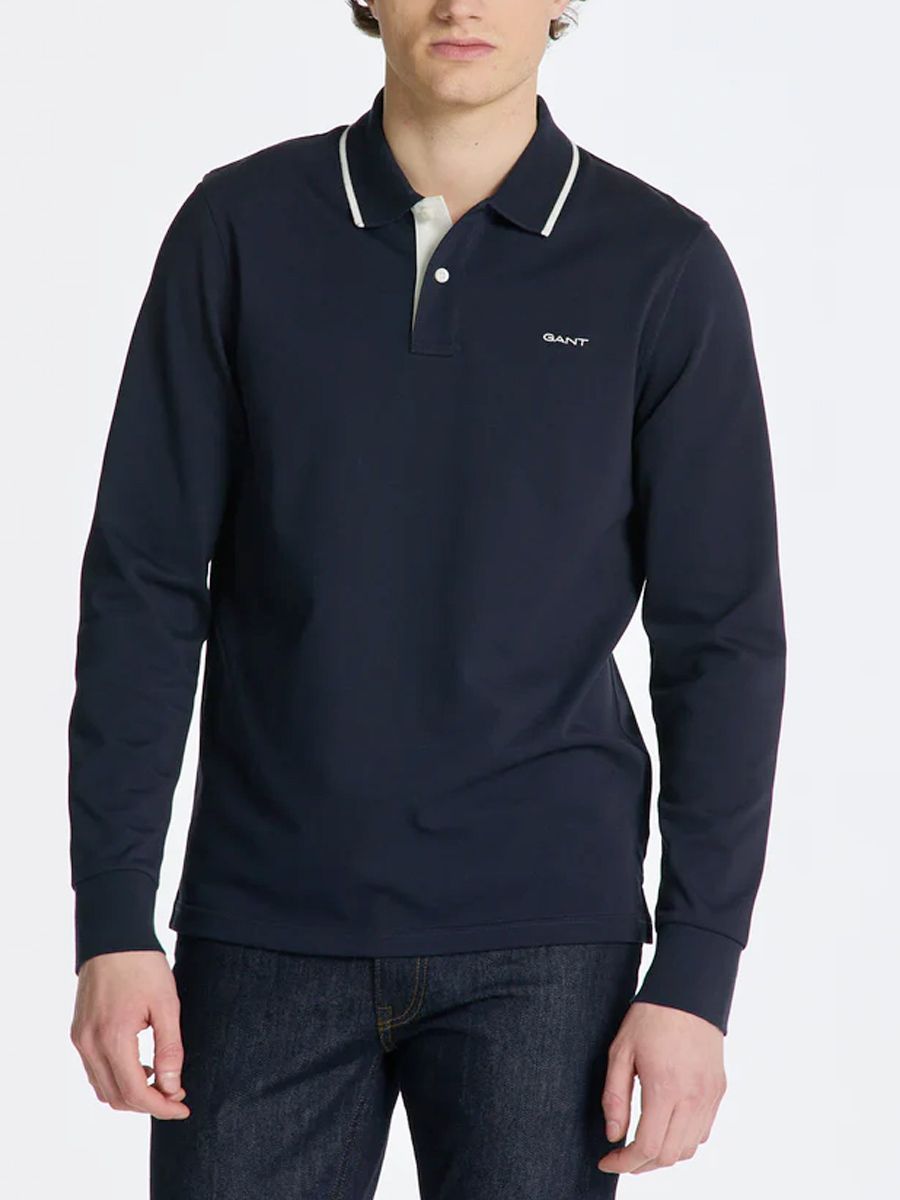 Pique Long Sleeve Polo - Evening Blue