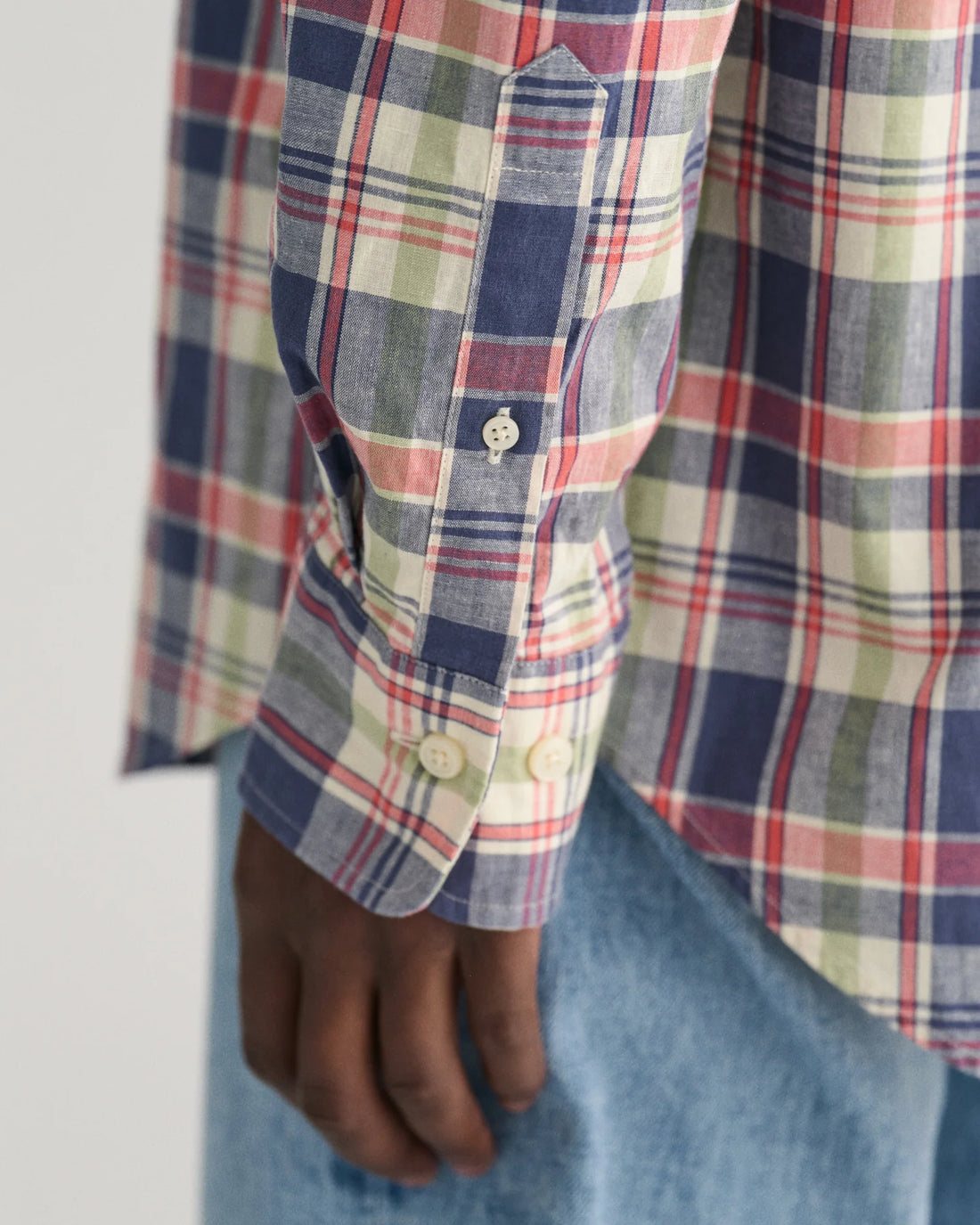 closer look to gant regular fit checkered cotton linen shirts in dusty blue sea sleeves