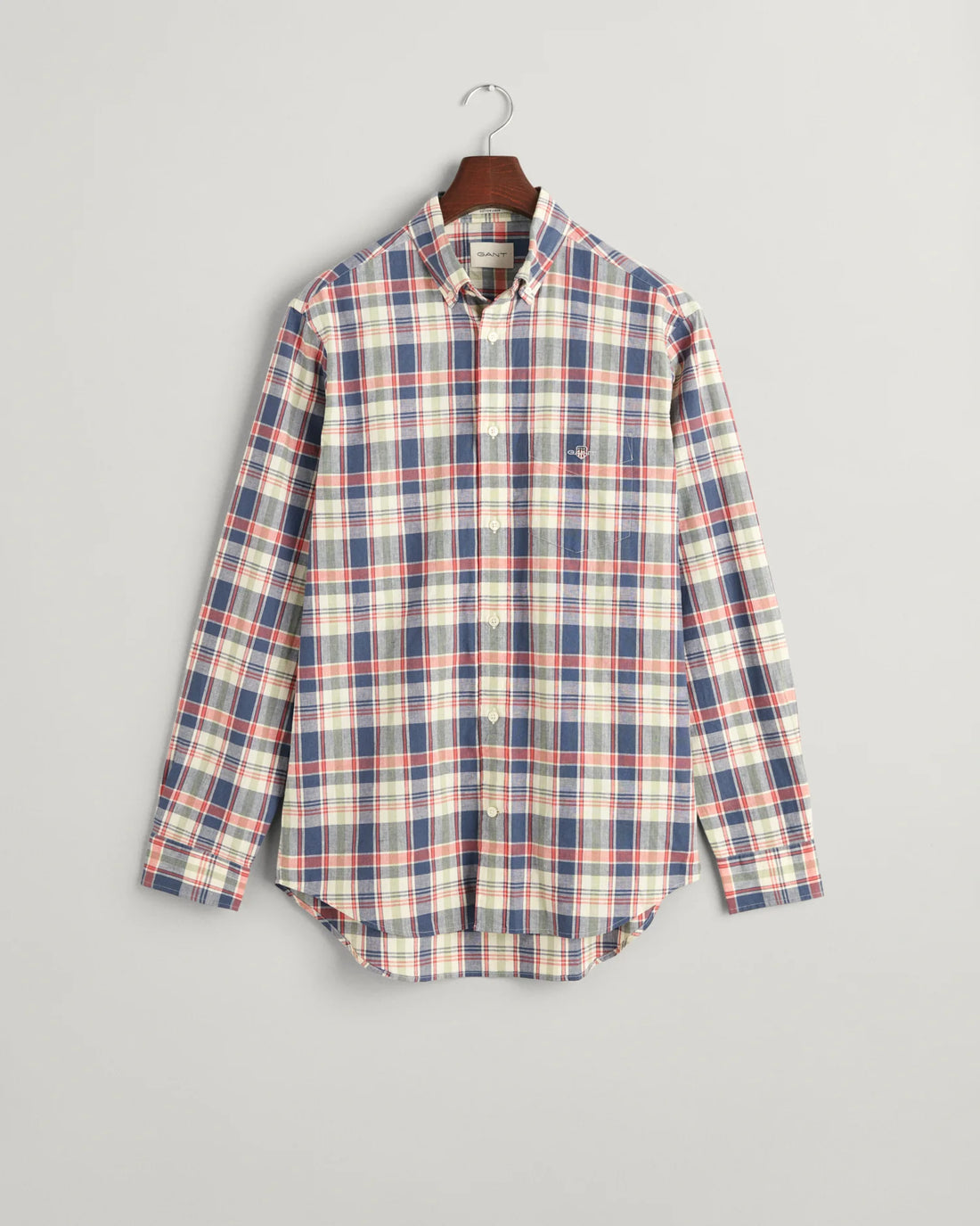 gant regular fit checkered cotton linen shirt in dusty blue sea in hanger