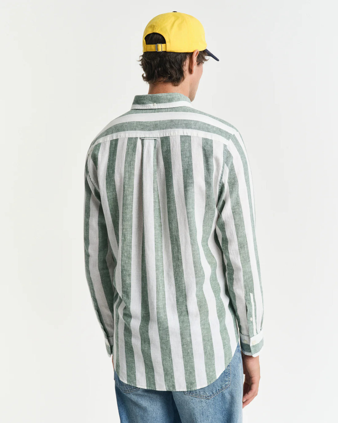 Regular Fit Cotton Linen Bold Stripe Shirt - Woody Green