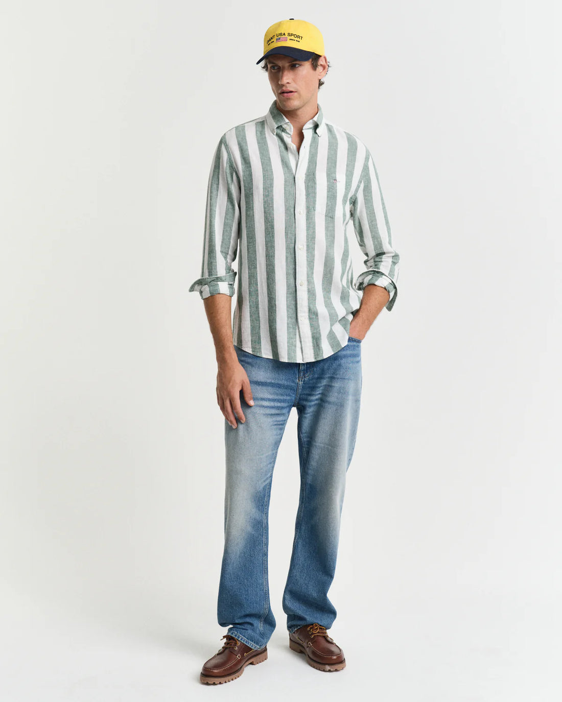 Regular Fit Cotton Linen Bold Stripe Shirt - Woody Green