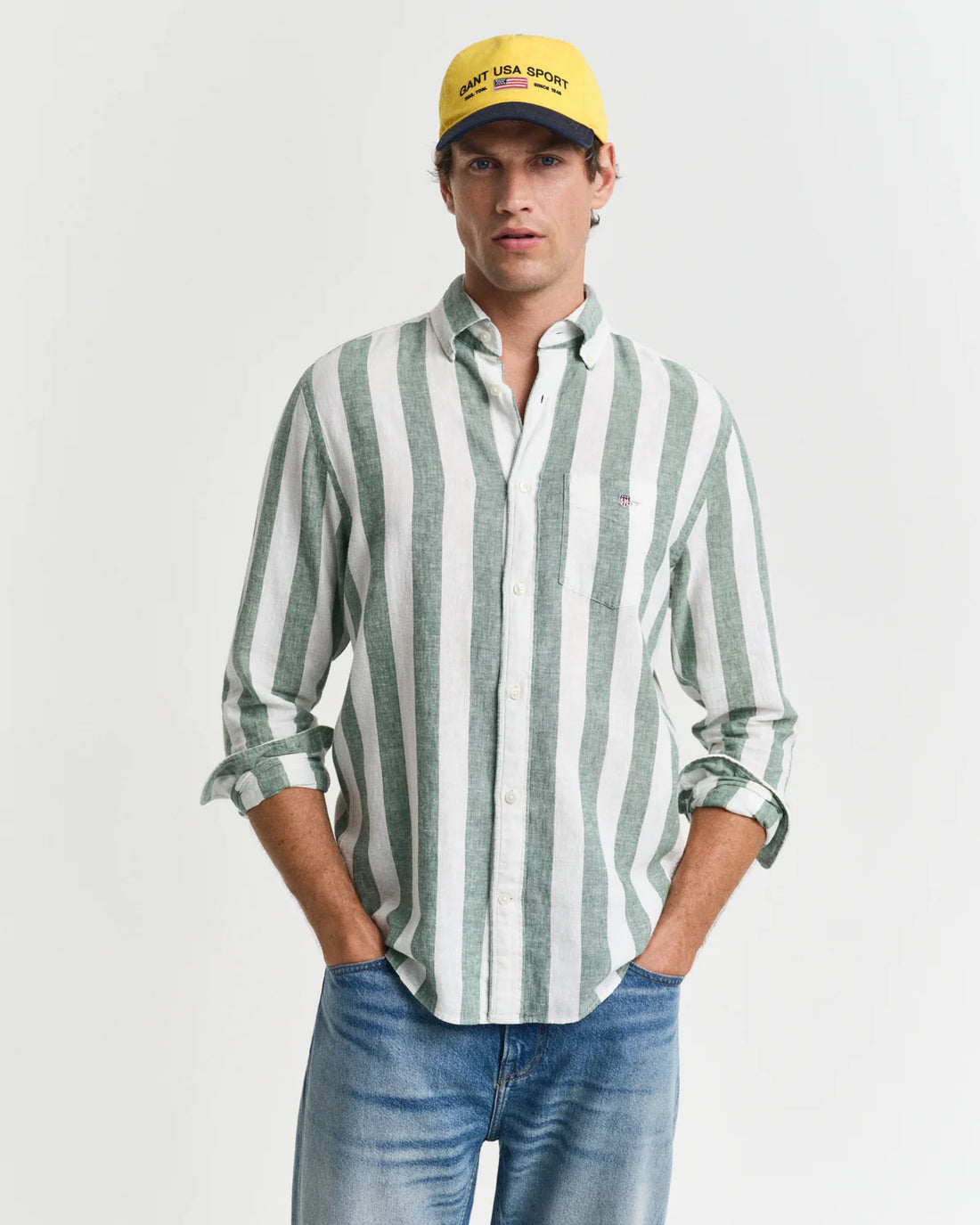 Regular Fit Cotton Linen Bold Stripe Shirt - Woody Green