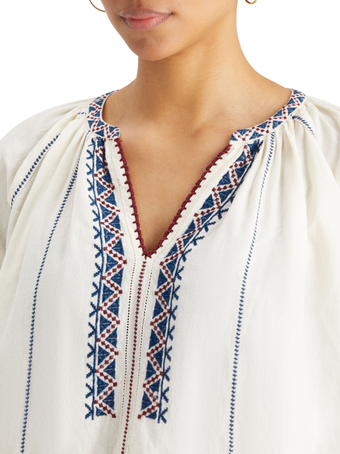 woman wearing Embroidered Blouse - Soft Ice, closer look to embroidered details