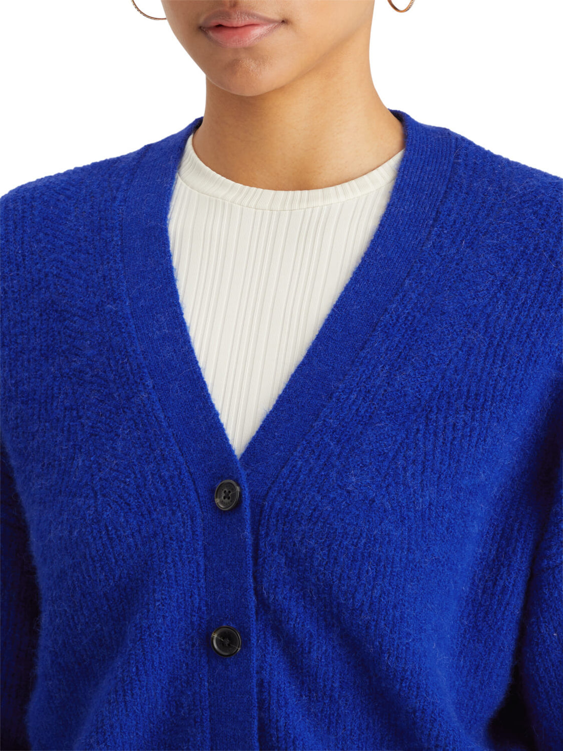 woman wearing white top with Fuzzy Relaxed Cardigan - Electric Blue