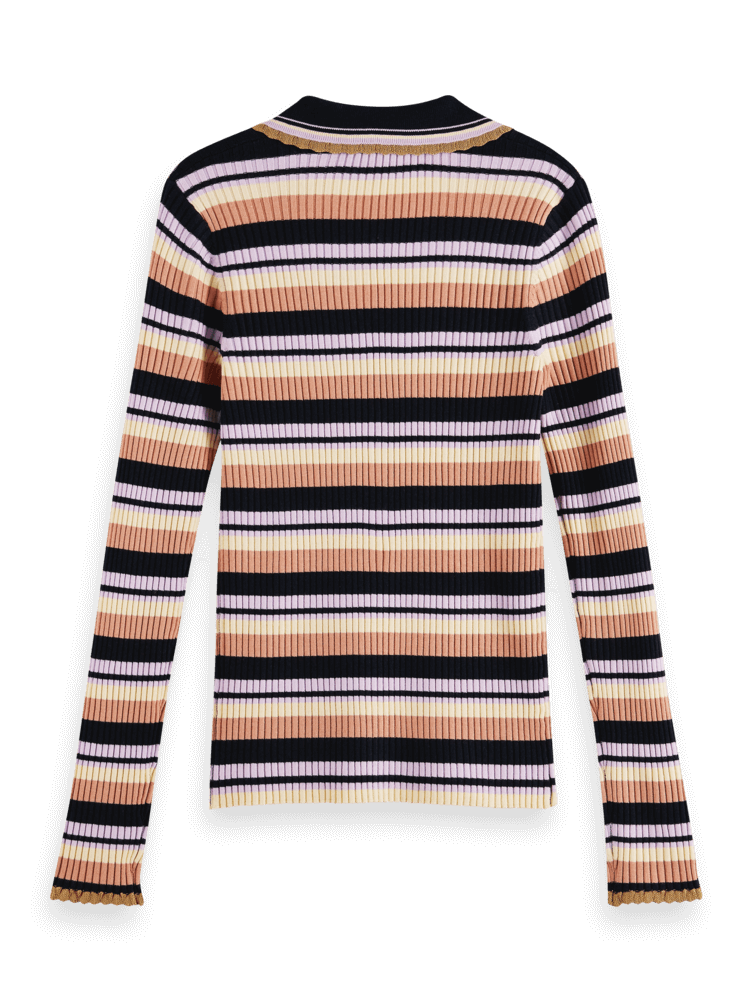 Knitted Striped Long Sleeve Polo - Navy