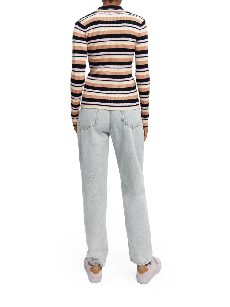 Knitted Striped Long Sleeve Polo - Navy