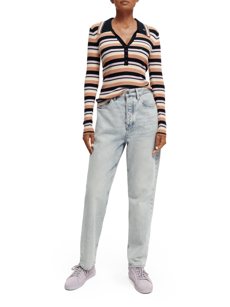 Knitted Striped Long Sleeve Polo - Navy