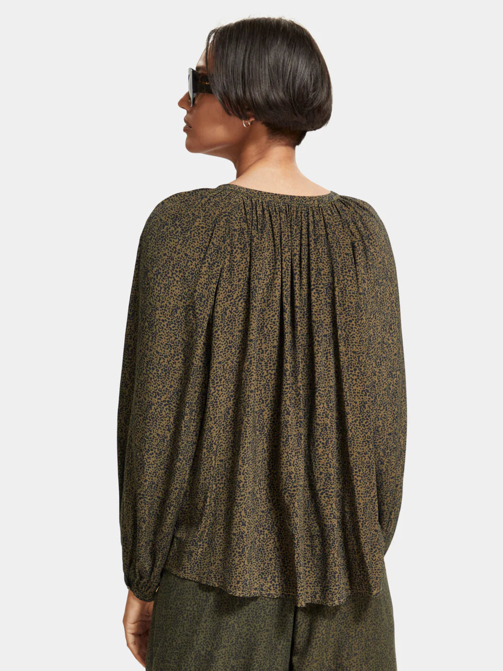 Printed Balloon Sleeve Shirt - Leopard Spot Green 174857