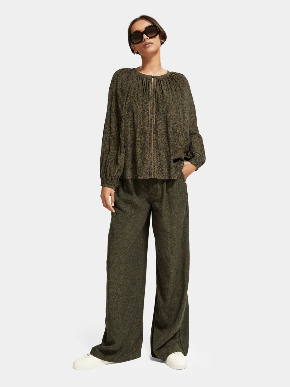 Printed Balloon Sleeve Shirt - Leopard Spot Green 174857