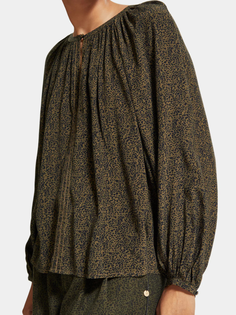 Printed Balloon Sleeve Shirt - Leopard Spot Green 174857