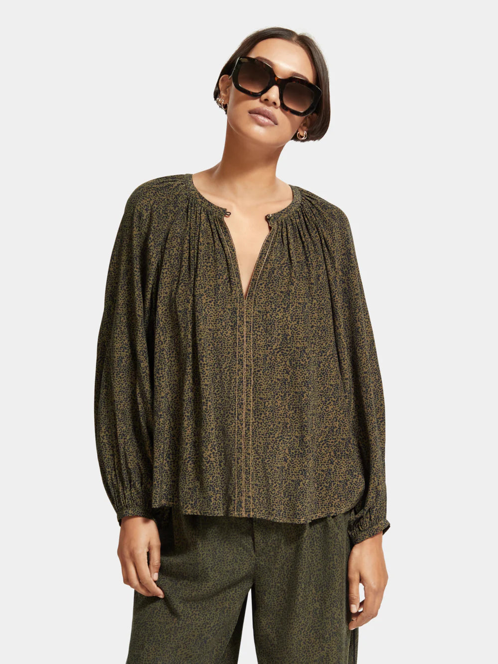 Printed Balloon Sleeve Shirt - Leopard Spot Green 174857