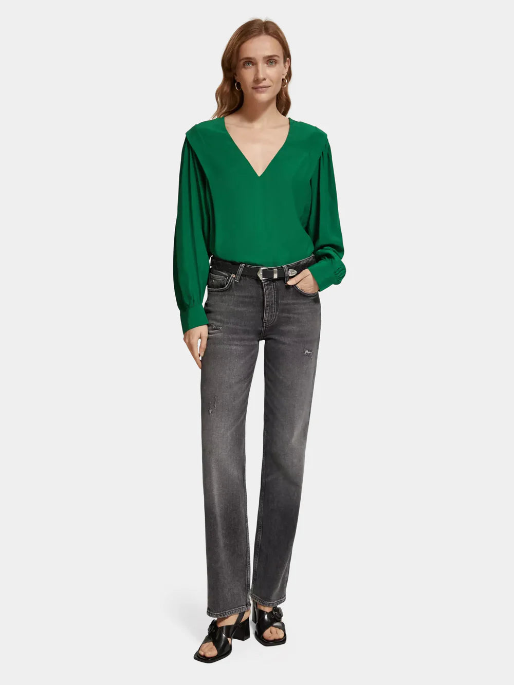 Long Sleeved V-Neck Blouse - Pine Tree 177576