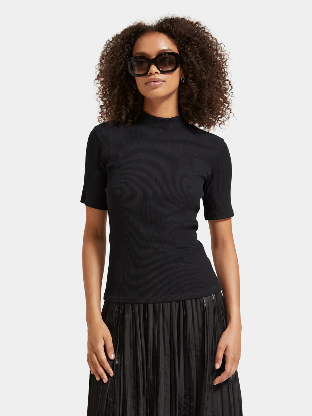 Mock Neck Ribbed Slim-Fit Top - Evening Black 177015
