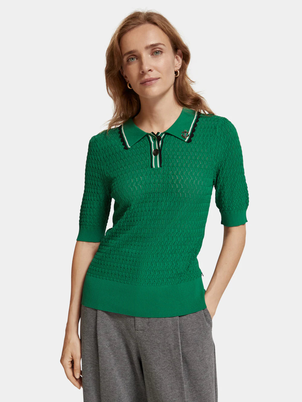 Pointelle Collared Knitted Tee - Pine Tree 176349
