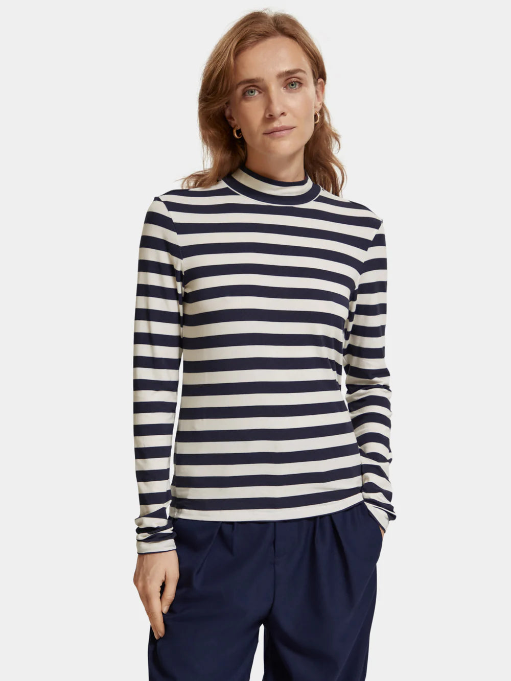 Printed Long Sleeved Mock Neck Top - Breton Stripe 176293