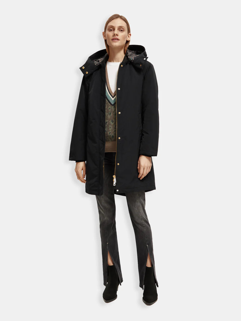 Water Repellent Mid Length Parka Printed - Black 173117